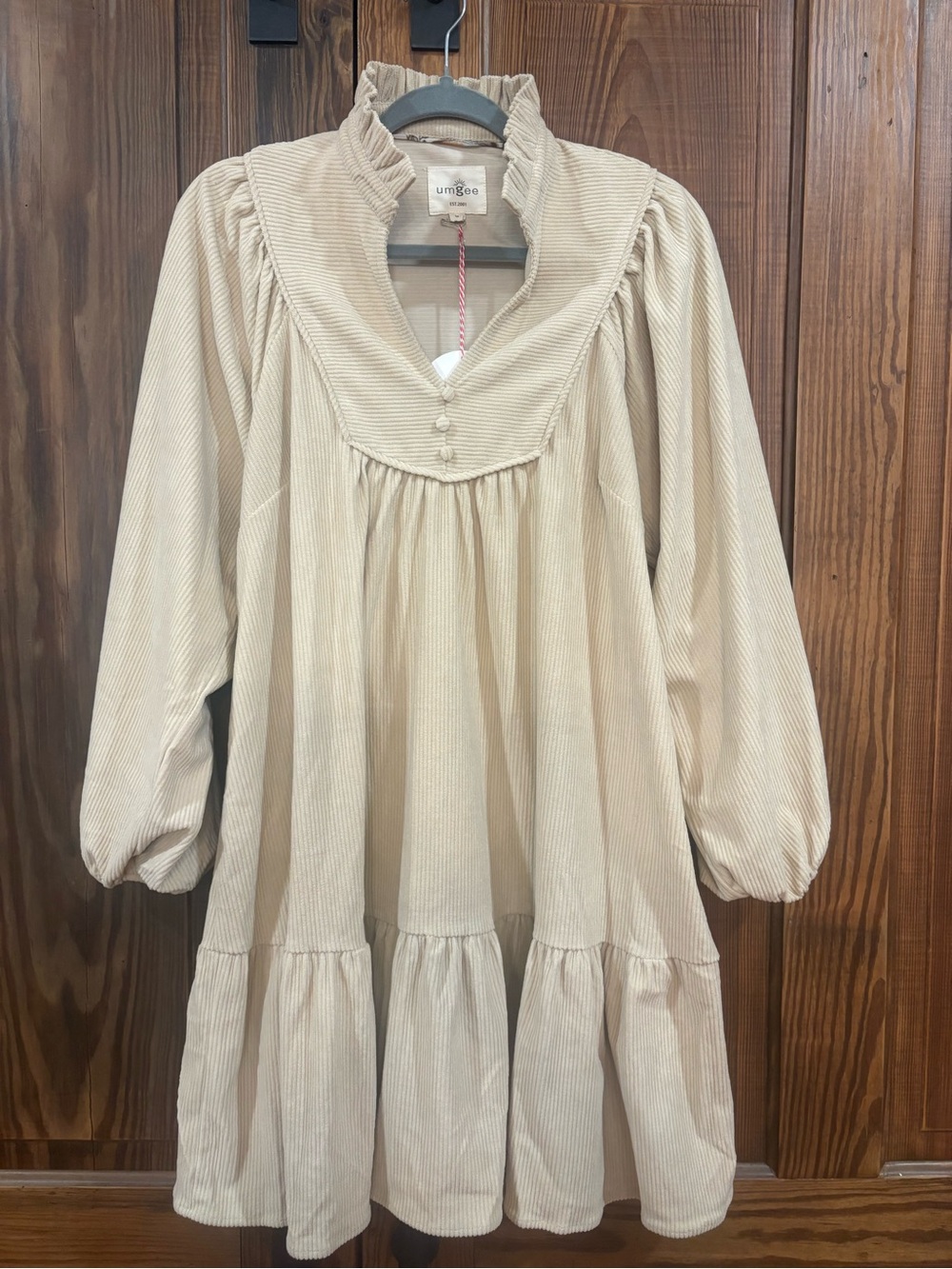 Umgee Cream Corduroy Tiered Dress with Ruffle Collar